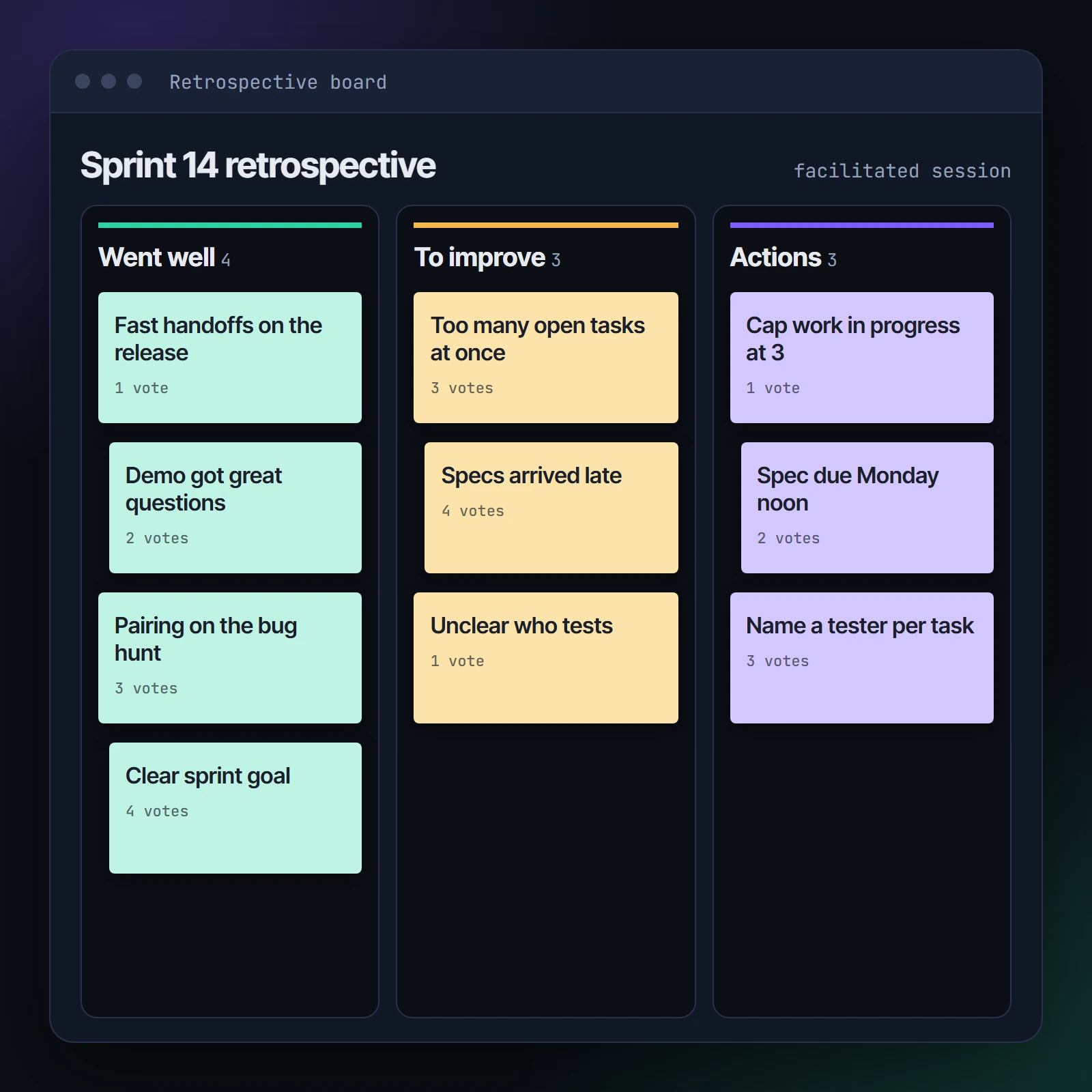 Retrospective board with columns named Went well, To improve and Actions, filled with coloured sticky notes