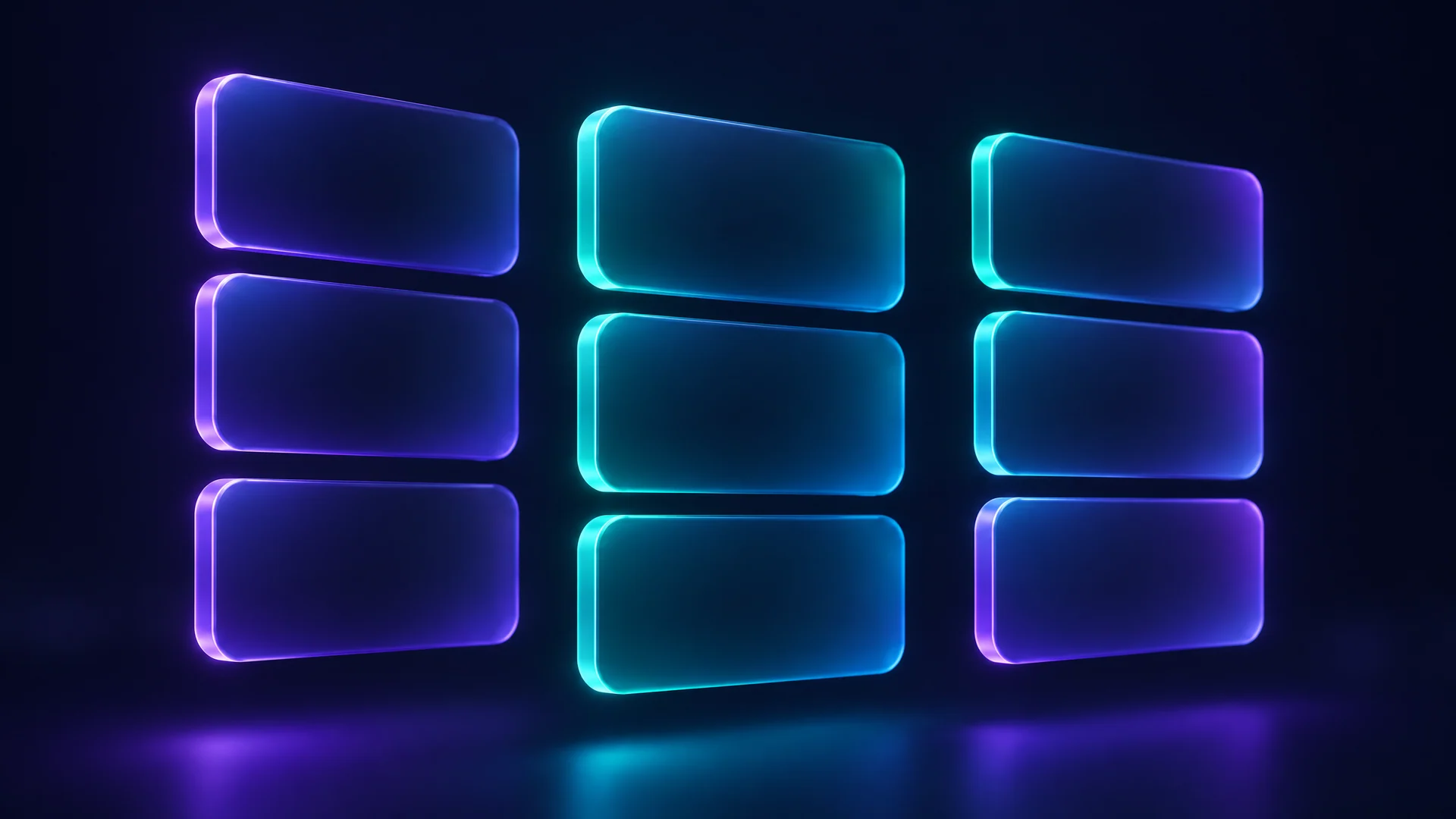 Glowing violet and teal task cards arranged in three columns