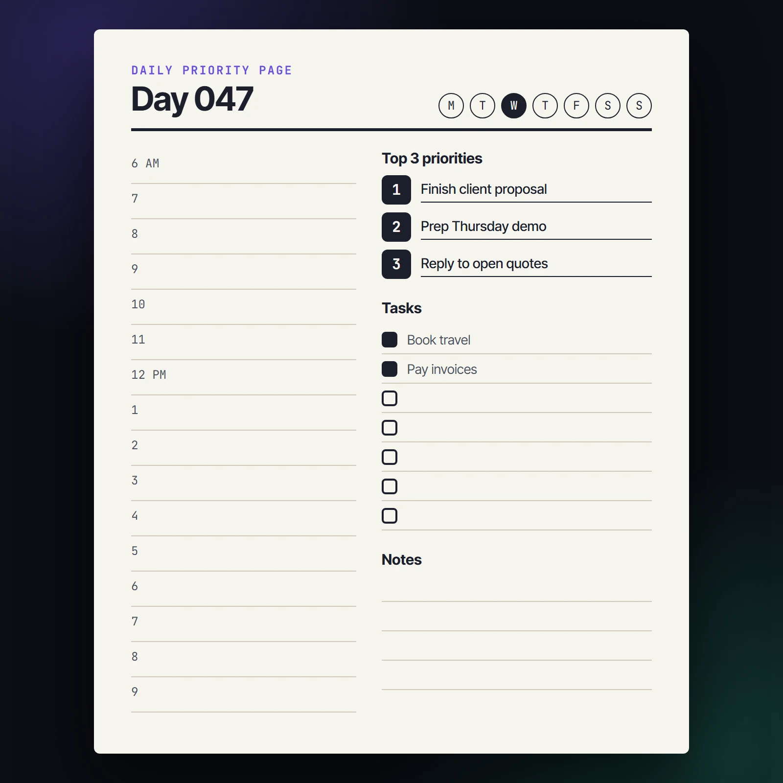 Daily planner page with a top priorities box, an hourly schedule column, a checkbox task list and a notes area