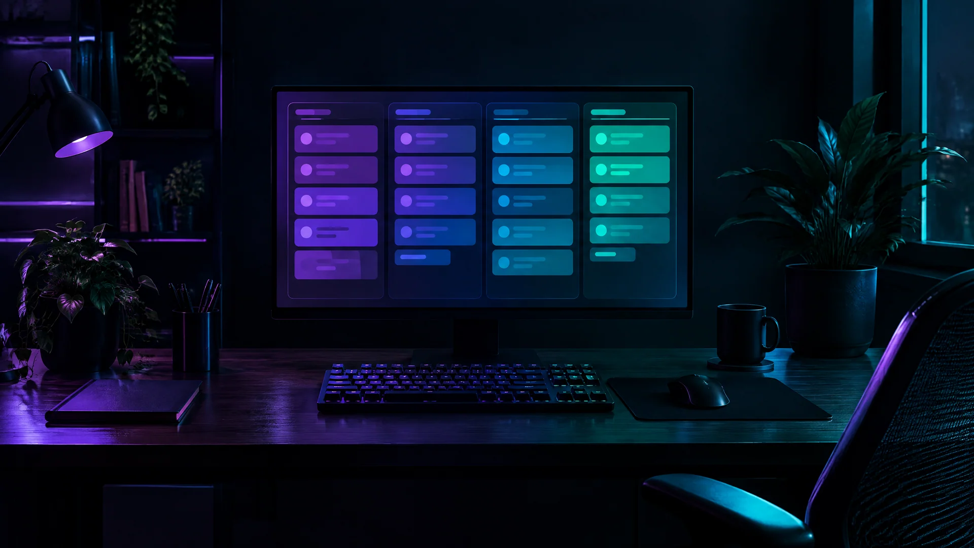A dark desk with a monitor showing four columns of task cards