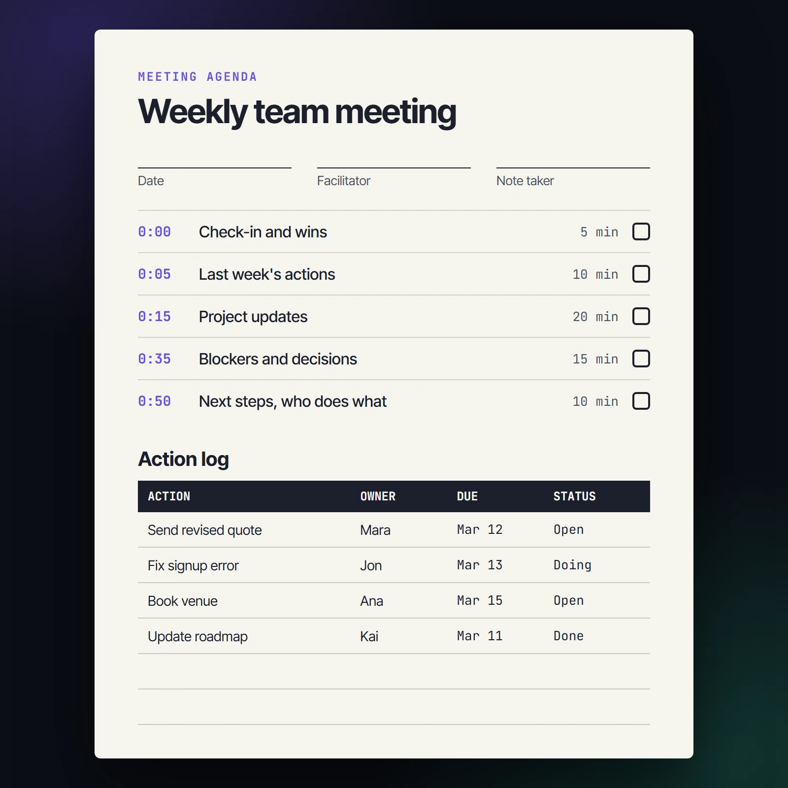 Printed meeting agenda page with time-boxed topics above an action log table with owner and due date columns